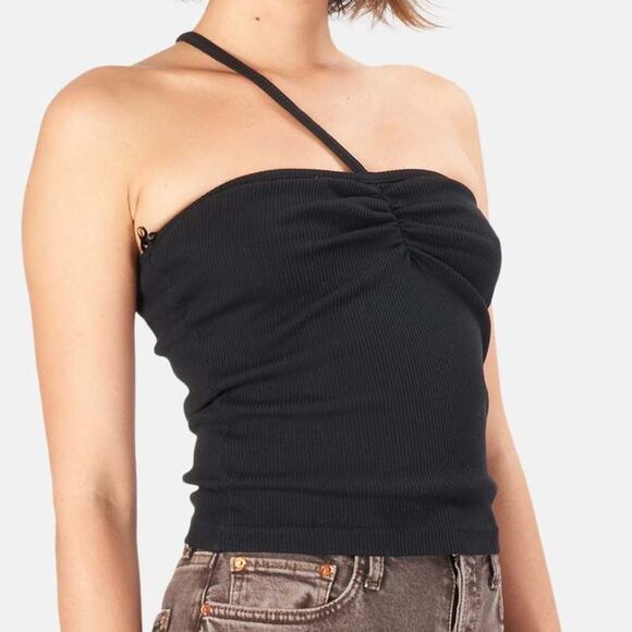 Agolde Lola Asymmetrical Spaghetti Strap Stretch Rib Black Tank Top Size Medium - Picture 2 of 12